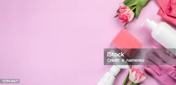 Spring Cleaning Concept Cleaning Products Gloves Sponges Stock Photo - Download Image Now