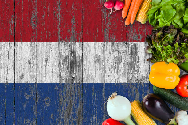 istock Fresh vegetables from Netherlands on table. Cooking concept on wooden flag background. 1129427119