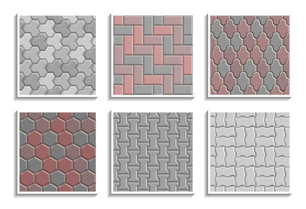 ilustraciones, imágenes clip art, dibujos animados e iconos de stock de conjunto de texturas de pavimento sin costuras. patrones de repetición vectorial de azulejos callejeros - stone brick pattern concrete