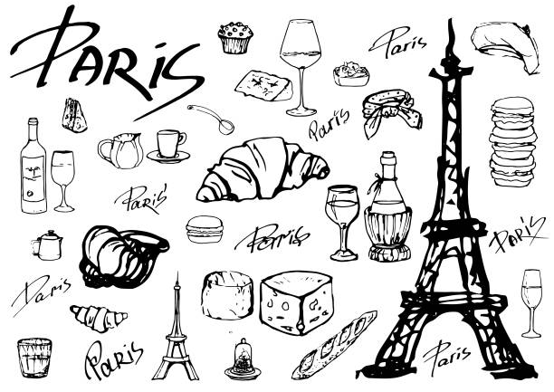 Set of vector icons Paris Set of vector icons. All about Paris. Eiffel tower, croissants, cheese of different varieties, snails, macaroon, cake, baguette, coffee, wine. Calligraphy. eiffel tower paris illustrations stock illustrations