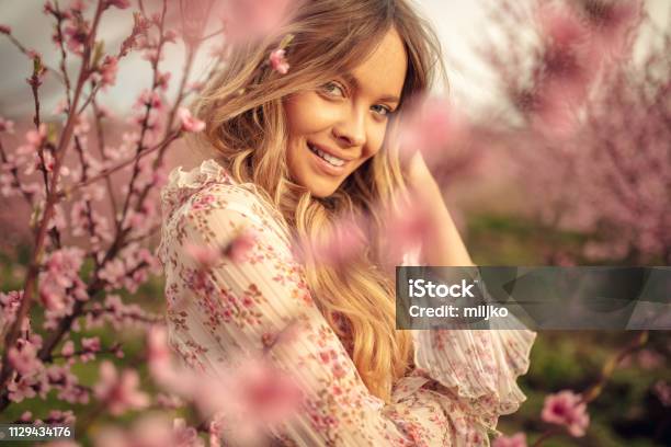 Amazing Young Woman Posing In Apricot Tree Orchard At Spring Stock Photo - Download Image Now