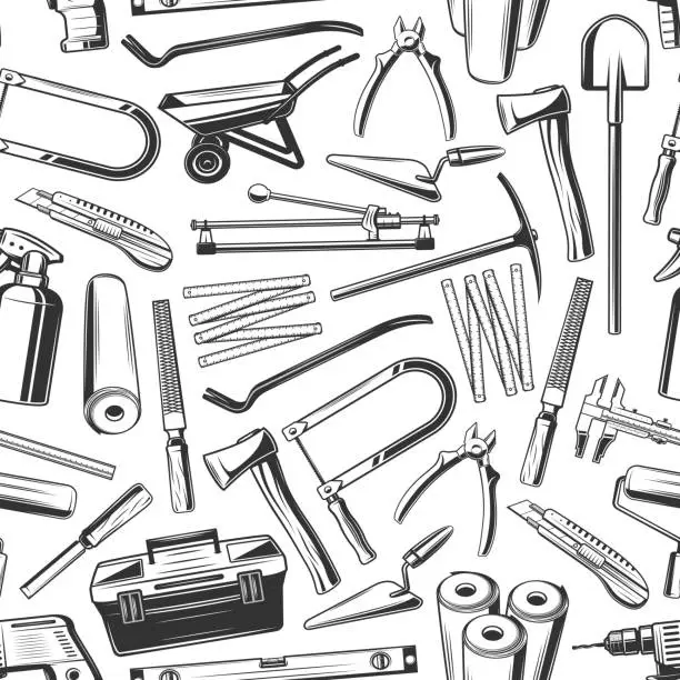 Vector illustration of Repair work tools and equipments seamless pattern