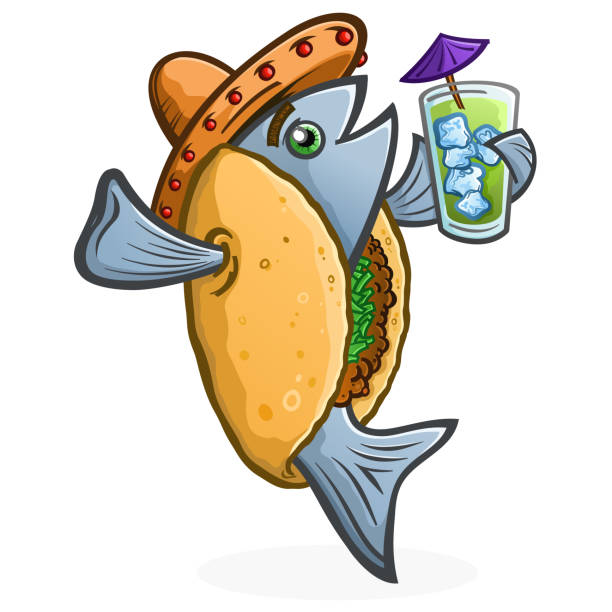 トロピカルド リンクを保持している魚タコス漫画のキャラクター - fish tacos点のイラスト素材／クリップア�ート素材／マンガ素材／アイコン素材