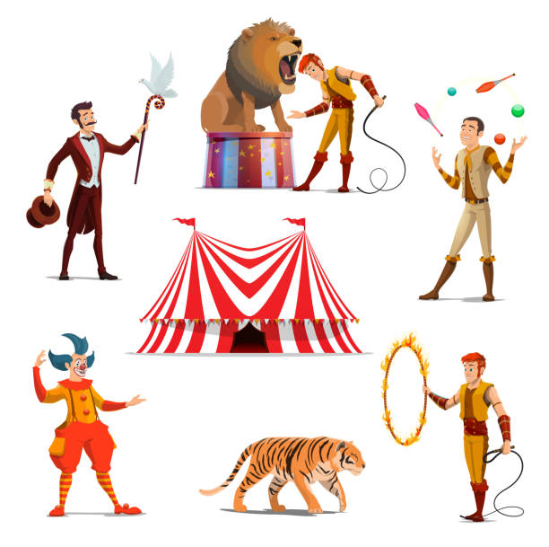 illustrazioni stock, clip art, cartoni animati e icone di tendenza di circo grande tenda, addestratore, mago, clown, giocoliere - circus lion