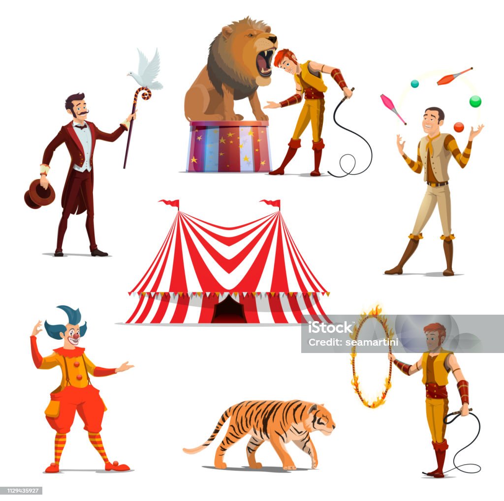 Circus big tent, trainer, magician, clown, juggler Big tent of circus with lion and trainer, magician and juggler, tiger on entertainment show. Dangerous tricks with wild animals, funfair characters vector characters. Carnival performance in circus Circus stock vector