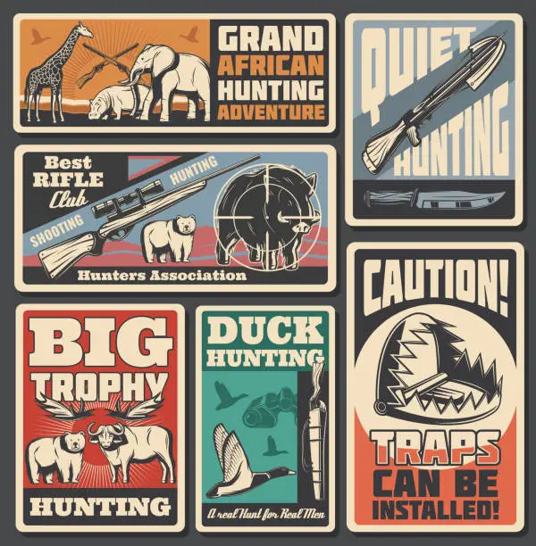 Vector illustration of Hunting sport posters, ammunition and animals