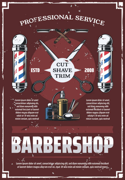 Barbershop pole, scissors, comb, razor and cologne Male salon barbershop vector retro poster with tools to trim, shave and cut. Scissors and cologne perfume, razor and shaving brush, haircut and beard styling. Hipster barber service, vintage design hair posters for salon stock illustrations