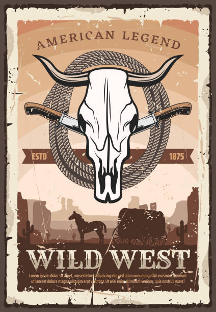 illustrations, cliparts, dessins animés et icônes de affiches rétro de far west, taureau crâne et couteaux - crane shot