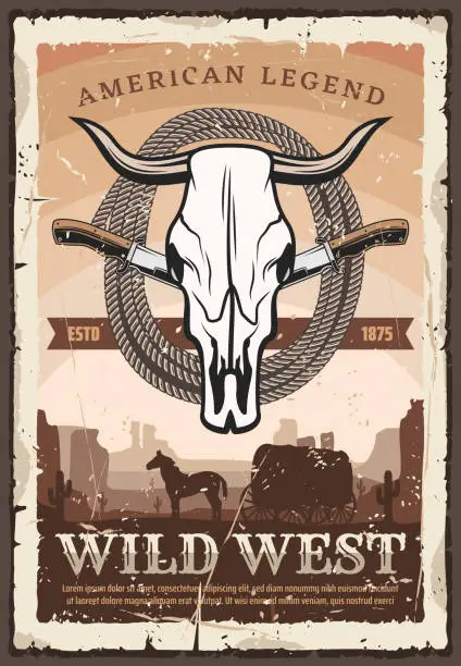 Vector illustration of Wild west retro poster, bull skull and knives