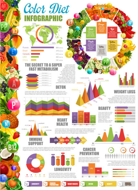 ernährung und farbe diät infografik mit diagrammen - speisen grafiken stock-grafiken, -clipart, -cartoons und -symbole