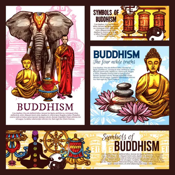Vector illustration of Buddhism religion sketch symbols and elements