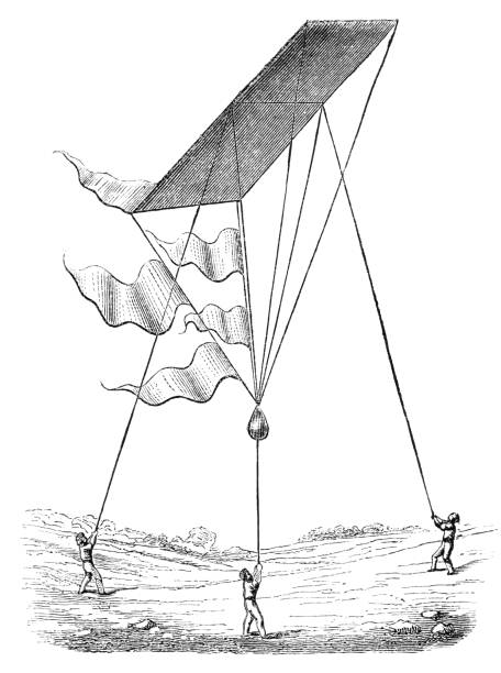 A new type of kite being flown in South Africa from Magasin Pittoresque. Vintage etching circa mid 19th century.