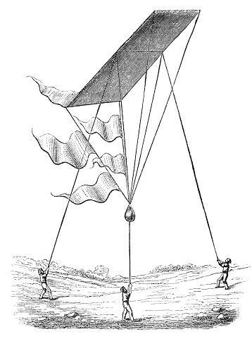 A new type of kite being flown in South Africa from Magasin Pittoresque. Vintage etching circa mid 19th century.