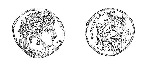 ilustraciones, imágenes clip art, dibujos animados e iconos de stock de antigua moneda de tetradrachm de tarentum, calabria, italia (siglo iii a.c.) - french silver coin