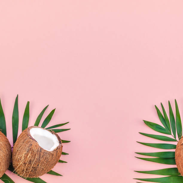 istock Palm leaves and coconuts on pink pastel background 1129440854