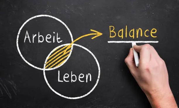 hand draws a diagram with the 2 circles work and life, resulting in an overlapping balance area (in German)