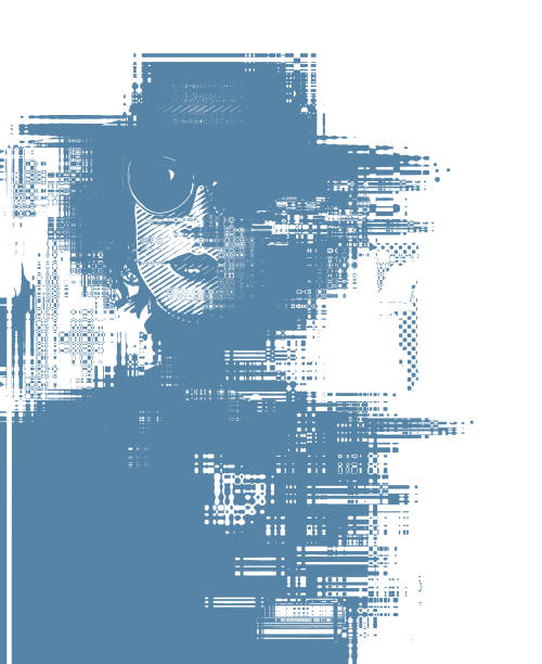 Glitch technique portrait of a young woman with cool attitude Engraving silhouette Glitch technique portrait of a young woman with cool attitude distorted face stock illustrations