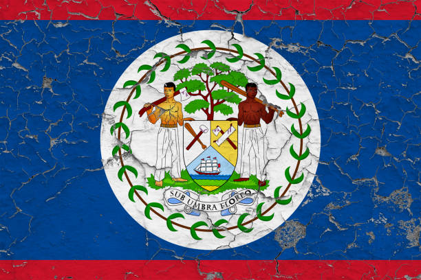 Flag of Belize painted on cracked dirty wall. National pattern on vintage style surface.