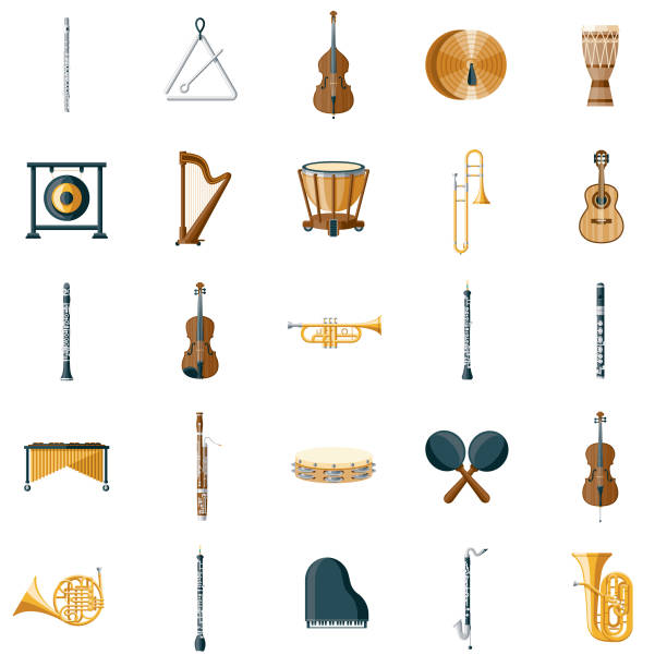 Musical Instrument Icon Set A set of icons. File is built in the CMYK color space for optimal printing. Color swatches are global so it’s easy to edit and change the colors. percussion instrument stock illustrations