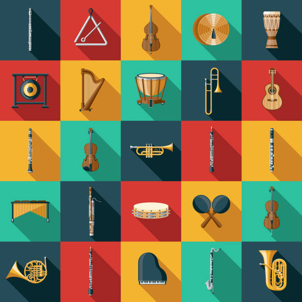 Musical Instrument Icon Set A set of icons. File is built in the CMYK color space for optimal printing. Color swatches are global so it’s easy to edit and change the colors. musical instrument stock illustrations
