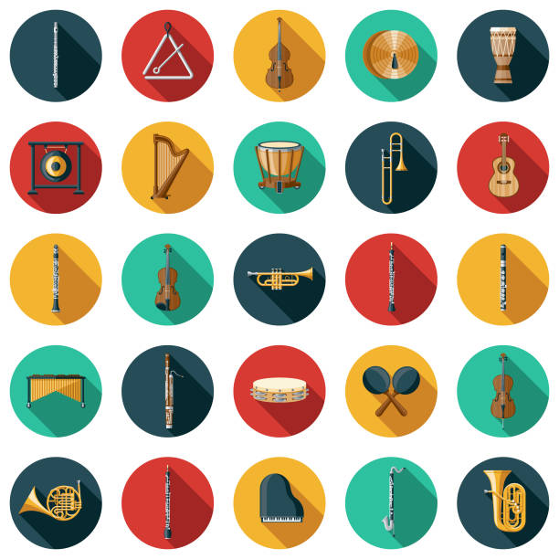 Musical Instrument Icon Set A set of icons. File is built in the CMYK color space for optimal printing. Color swatches are global so it’s easy to edit and change the colors. triangle percussion instrument stock illustrations