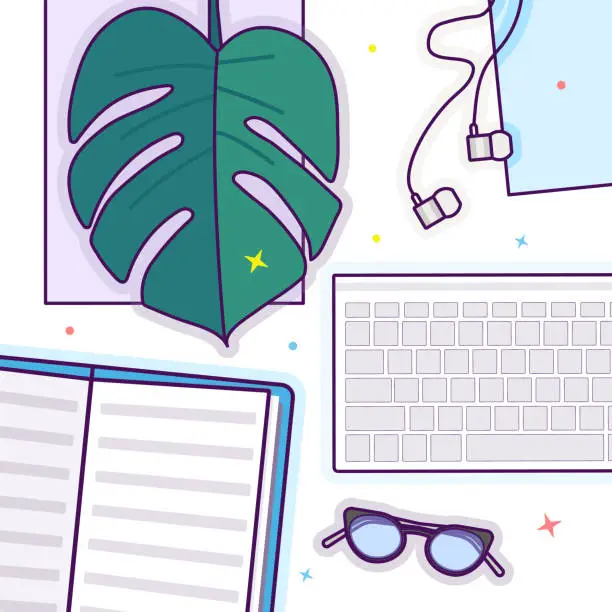 Vector illustration of Flat lay with glasses, open book, glasses, headphones, keyboard and monstera leaf