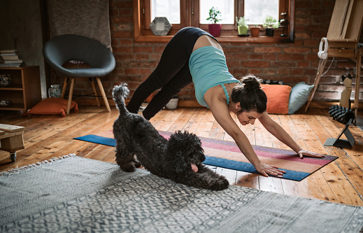 Mujer haciendo yoga con su perro photo