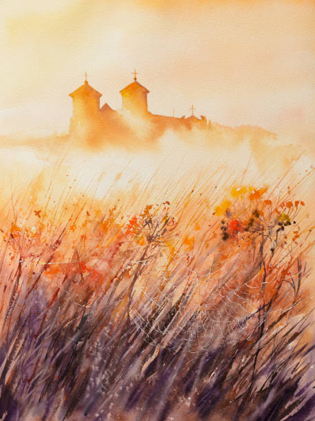 illustrations, cliparts, dessins animés et icônes de monastère au lever du soleil - paintings watercolor painting landscape autumn