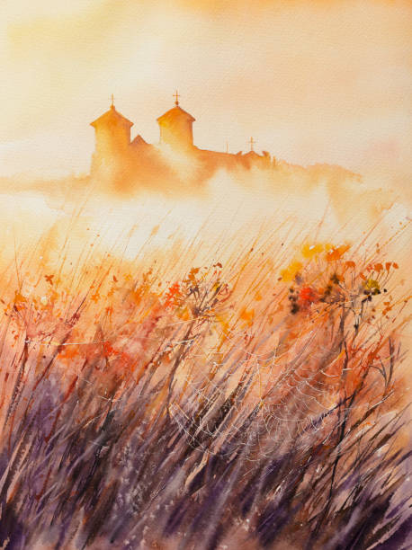 монастырь на рассвете - paintings watercolor painting landscape autumn stock illustrations