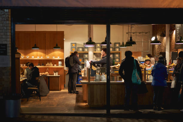 London, UK - February, 2018. A design hipster coffee shop in Borough Market.