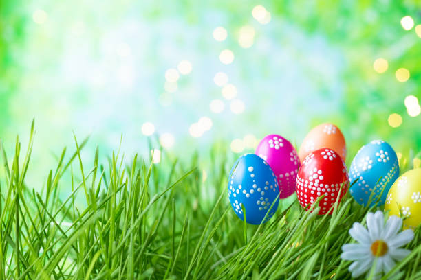 istock Easter eggs on green grass with bokeh and sunlight on a blue background 1129457523