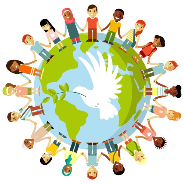 Unity of kids and dove of peace concept Different international multicultural children standing together and holding hands around the world dove earth globe symbols of peace stock illustrations