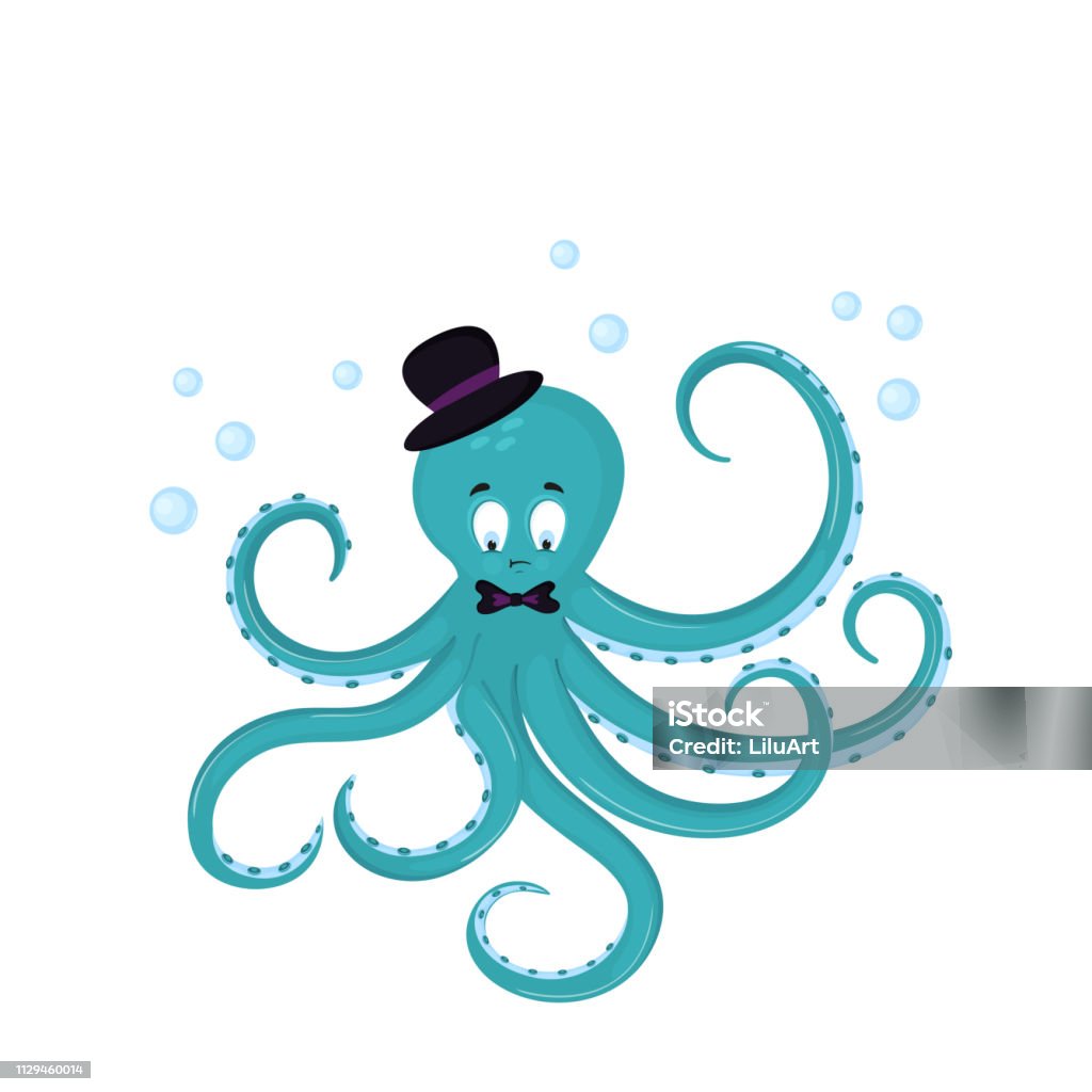 Cute cartoon octopus in a hat and bow-tie. Cute cartoon octopus in a hat and bow-tie Animal stock vector