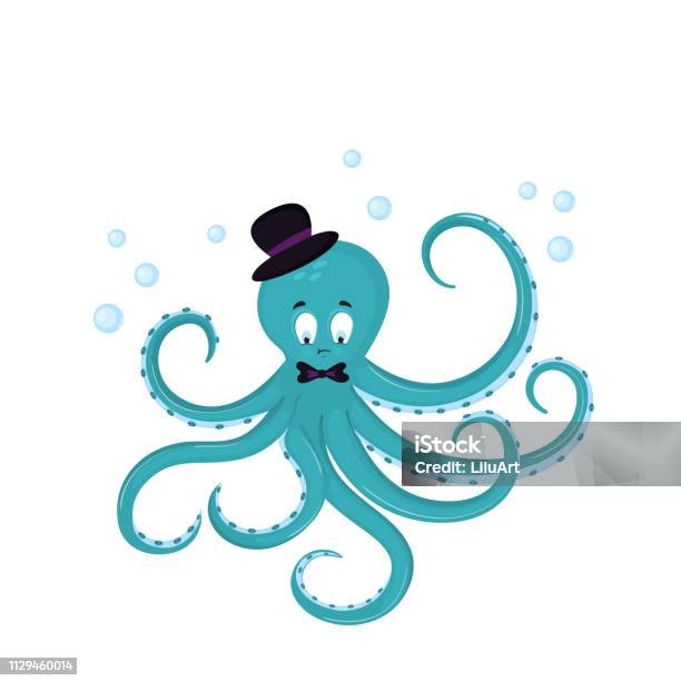 Cute Cartoon Octopus In A Hat And Bowtie Stock Illustration - Download Image Now - Animal, Animal Wildlife, Aquarium