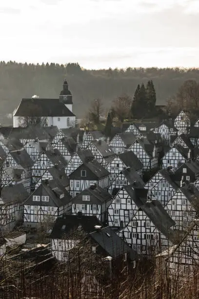 Freudenberg, Germany, 14 January 2018. Traditional half-timbered houses in the early January sun.
