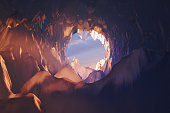 3d rendering of ice cave with sunligh at the end of tunnel