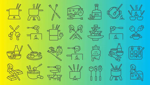 Vector illustration of Fondue Flat Simple outline line art design Icon set