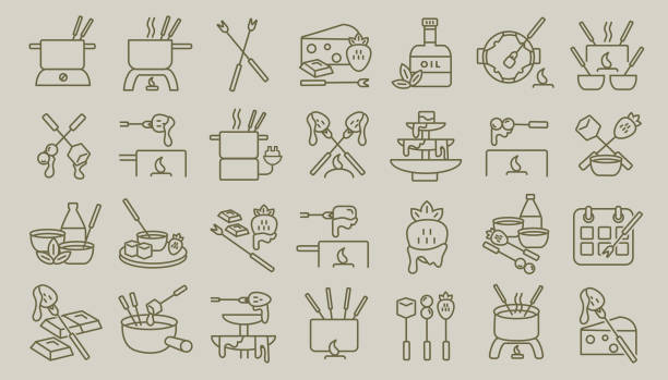 Fondue Flat Simple outline line art design Icon set Vector illustration of a Fondue Flat Simple outline line art design Icon set fondue stock illustrations