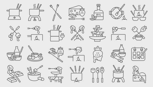 Fondue Flat Simple outline line art design Icon set Vector illustration of a Fondue Flat Simple outline line art design Icon set cheese fondue stock illustrations