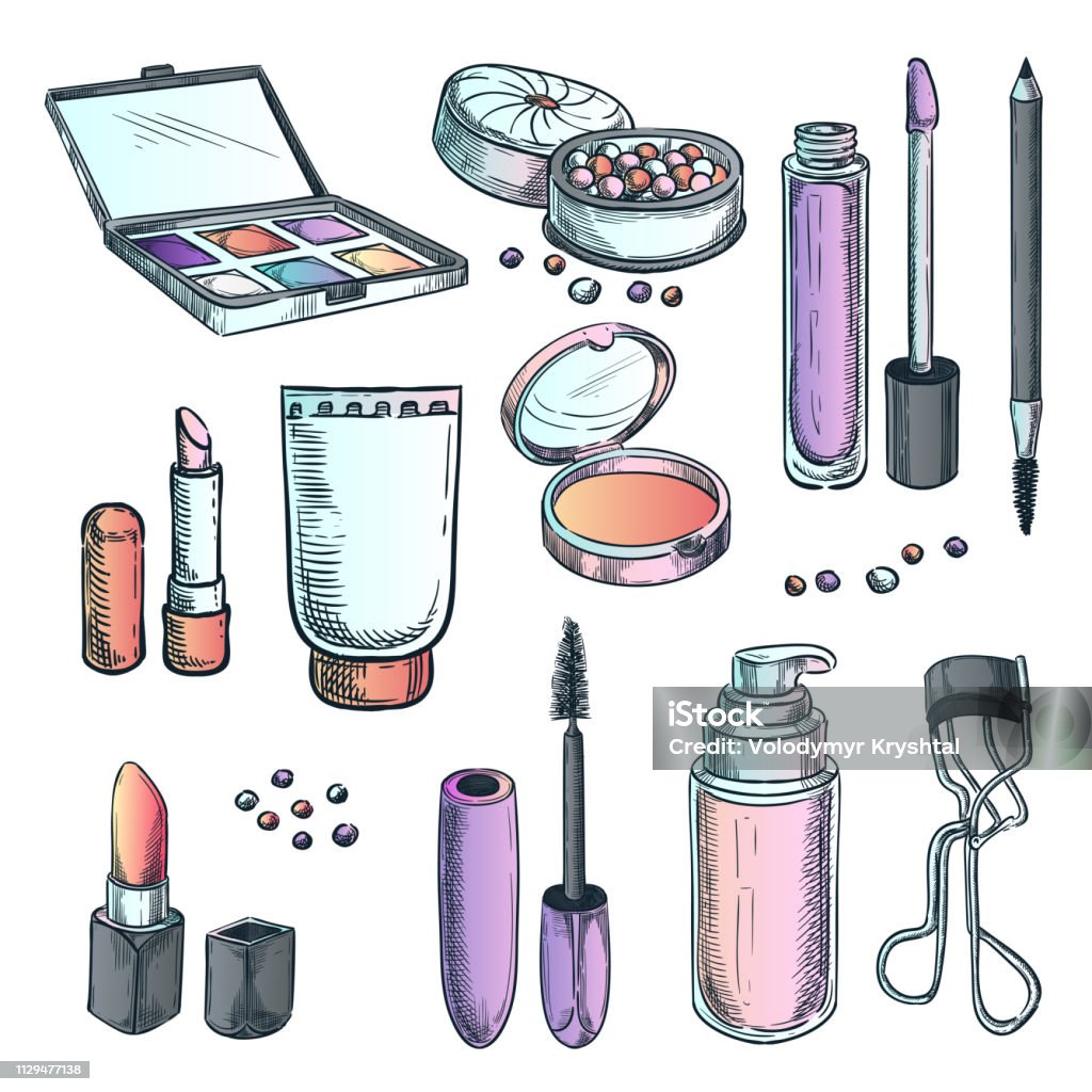 Makeup cosmetics vector sketch illustration. Female fashion design elements. Hand drawn beauty and care products. Makeup cosmetics vector color gradient sketch illustration. Female fashion design elements. Hand drawn isolated beauty and care products. Make-Up stock vector