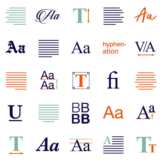 Typography Icon Set A set of icons. File is built in the CMYK color space for optimal printing. Color swatches are global so it’s easy to edit and change the colors. paragraph stock illustrations