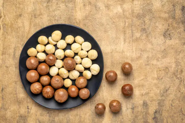 macadamia nuts on a black plate against buckskin textured paper background with a copy space