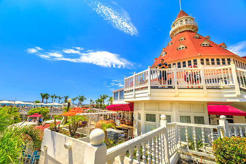 San Diego, California, United States - August 1, 2018: Victorian Building with panoramic terrace, popular destination in California West Coast for weddings, honeymoons, vacations and anniversaries.