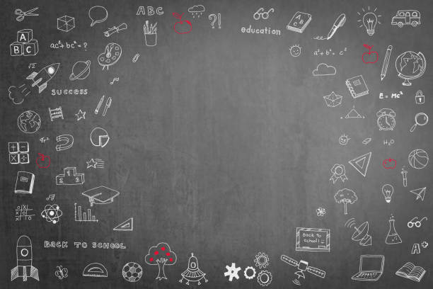 istock Doodle on black school teacher's chalkboard background with blank copyspace for childhood imagination and education success concept 1129486484