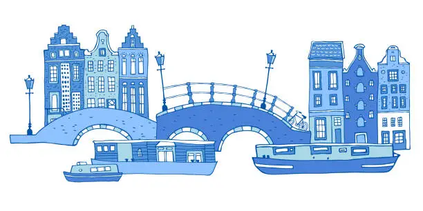 Vector illustration of Amsterdam street scene. Vector outline sketch hand drawn illustration. Houses with bridges, lanterns and boats in colors of blue porcelain paints isolated on white background