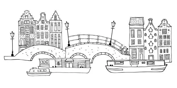 Vector illustration of Amsterdam street scene. Vector outline sketch hand drawn illustration. Houses with bridges, lanterns and boats isolated on white background
