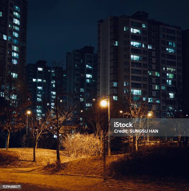 Apartment In Korea Cheongju City Night View Stock Photo - Download Image Now - Apartment, Asia, Built Structure