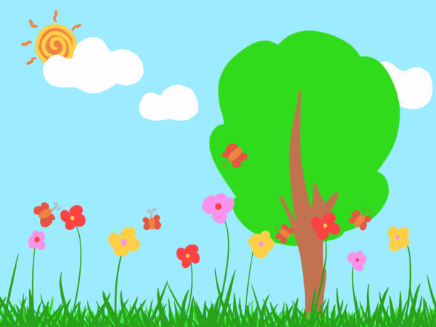 Green grass and trees and flowers with butterflies and clouds and sun Directly drawn illustration 깨끗한 stock illustrations