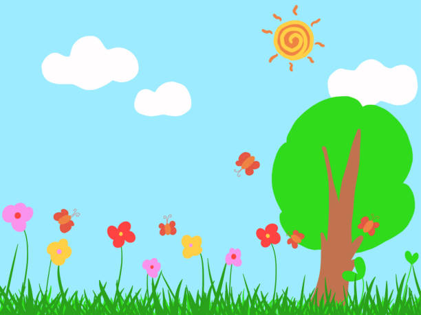 Green grass and trees and flowers with butterflies and clouds and sun Directly drawn illustration 깨끗한 stock illustrations