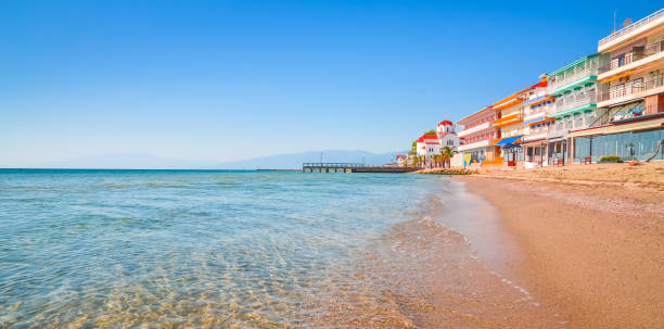 Beautiful Paralia Katerini beach and church, Greece Beautiful Paralia Katerini beach and church, Greece paralia stock pictures, royalty-free photos & images